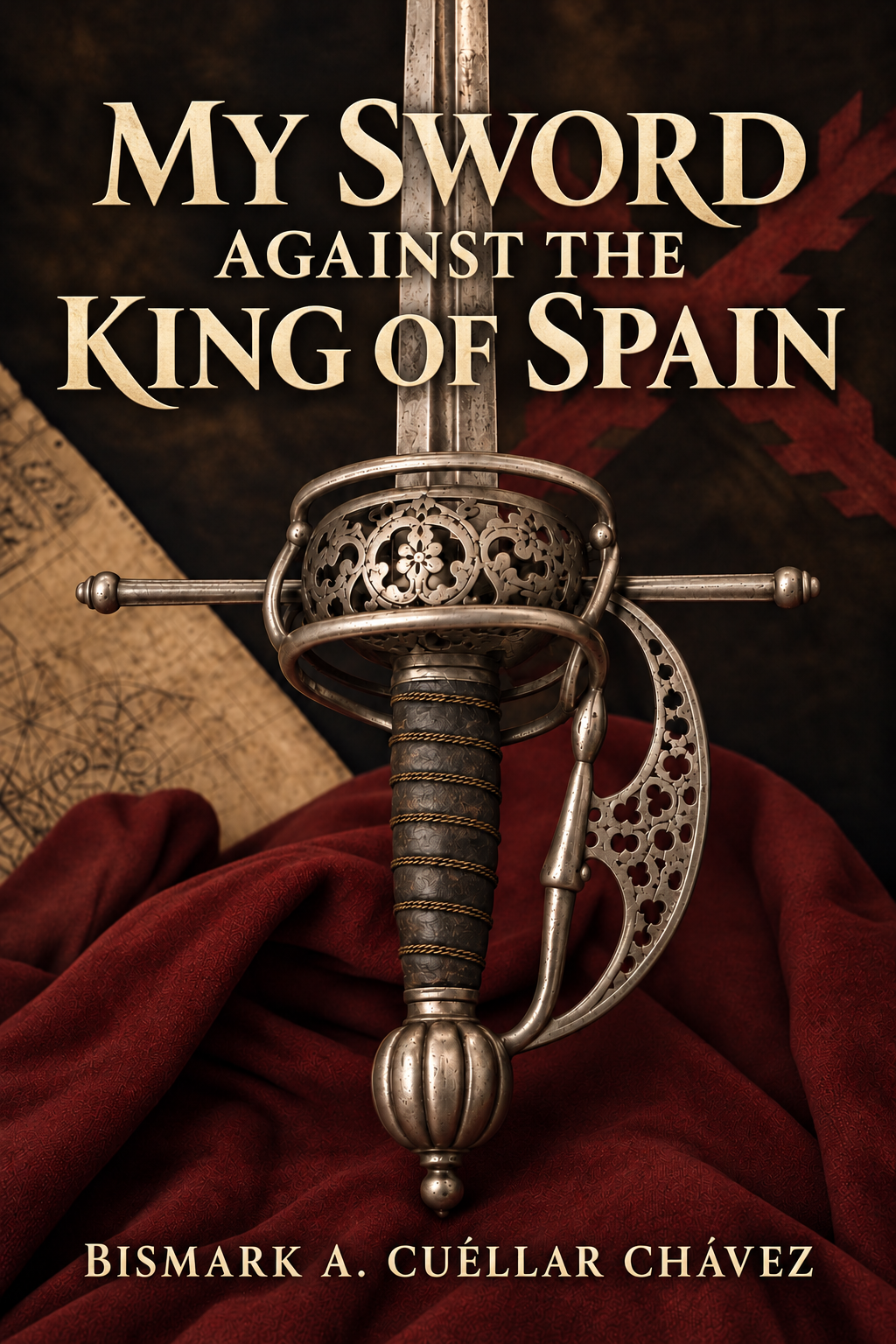 My Sword Against the King of Spain book cover: an ornate rapier against burgundy cloth